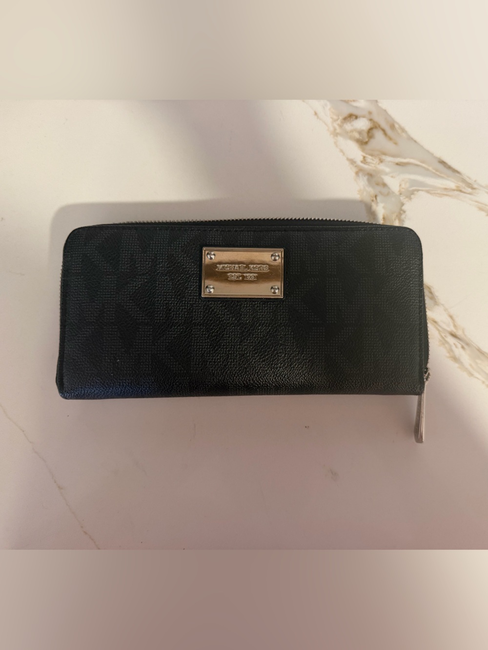 Michael Kors Black Zip Wallet with Gold Logo Plate